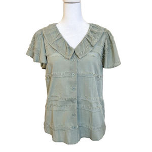 Listicle Sage Green short sleeve blouse w/ collar & layered distressed detail SM